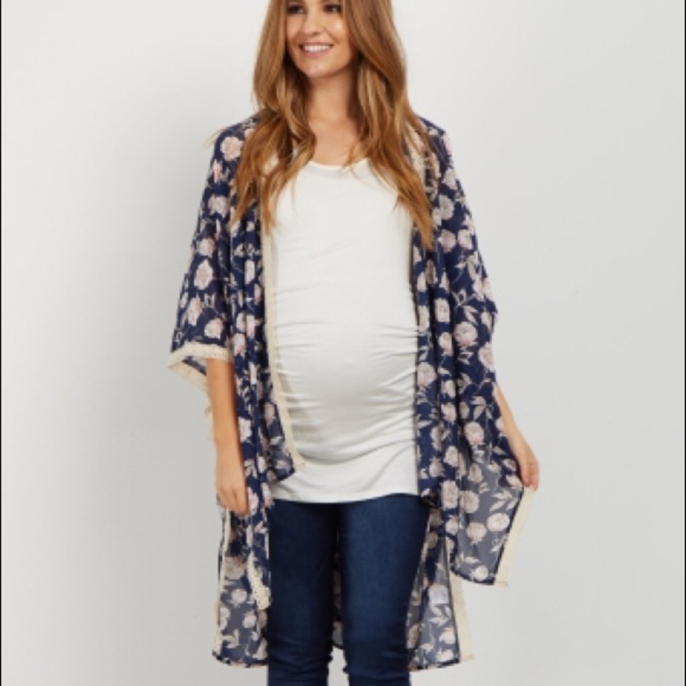 Pink Blush Navy Floral crochet trimmed kimono